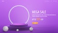 Mega sale, violet discount banner with offer and empty 3d podium with neon rings