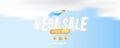 Mega Sale web banner with special offer on a blue background with clouds and plane. Font inscription with lights elements. Flat