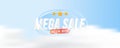 Mega Sale web banner with special offer on a blue background with clouds and plane. Font inscription with lights elements. Flat