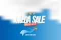 Mega Sale web banner with special offer on a blue background with clouds and plane. Font inscription with lights elements. Flat