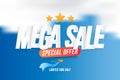Mega Sale web banner with special offer on a blue background with clouds and plane. Font inscription with lights elements. Flat