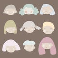 Mega set collections of cute kawaii girls faces. Isolated on brown background. Vector illustration. Can use for birthday card, Royalty Free Stock Photo