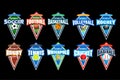 Mega set of colorful sports logos soccer, football, basketball, volleyball, hockey, rugby, tennis, waterpolo, cricket, baseball.