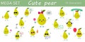 Mega set of fifteen pears a green character in different poses and accessories in cartoon style.