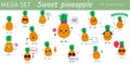 Mega set of fifteen pineapples character in different poses and accessories in cartoon style.