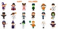 Mega set of Halloween party characters. Eighteen children in different Halloween costumes on a white background. Cartoon