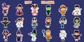 Mega set of Halloween party characters stickers. Eighteen children in different Halloween costumes on a white background