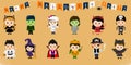 Mega set of Halloween party characters. Twelve cute children in different costumes for Halloween isolated on an orange background.