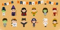 Mega set of Halloween party characters. Twelve cute children in different costumes for Halloween isolated on an orange background.