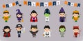 Mega set of Halloween symbols. Twelve pretty children in different costumes for Halloween isolated on a blue background. Cartoon,