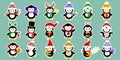 Mega-set of stickers of eighteen cute characters of penguins in different hats and accessories in white stroke