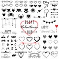 Mega set for valentine`s day, hearts and inscriptions collection icons, love symbol, isolated on white, vector illustration Royalty Free Stock Photo