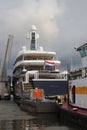 Mega ship yacht Lonian between small bridges and rivers at Gouda to Rotterdam Royalty Free Stock Photo