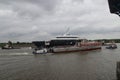 Mega ship yacht Lonian between small bridges and rivers at Gouda to Rotterdam