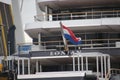 Mega ship yacht Lonian between small bridges and rivers at Gouda to Rotterdam