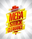 Mega stock clearance, sale banner mockup with shopping cart full of paper bags