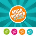 Mega summer outlet color banner and 10%, 20%, 30% & 40% Off Marks. Vector illustration. Royalty Free Stock Photo