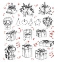 Mega vintage set. Hand drawn vector illustrations - merry christ Royalty Free Stock Photo