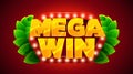 Mega win banner. Sign with golden letters. Online casino.