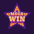 Mega win casino purple star retro sign flat illustration