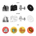 A megacity, a grand canyon, a golden gate bridge,donut with chocolate. The US country set collection icons in black,flat