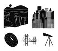 A megacity, a grand canyon, a golden gate bridge,donut with chocolate. The US country set collection icons in black