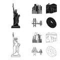 A megacity, a grand canyon, a golden gate bridge,donut with chocolate. The US country set collection icons in black