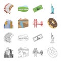 A megacity, a grand canyon, a golden gate bridge,donut with chocolate. The US country set collection icons in cartoon