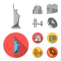 A megacity, a grand canyon, a golden gate bridge,donut with chocolate. The US country set collection icons in monochrome