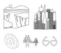 A megacity, a grand canyon, a golden gate bridge,donut with chocolate. The US country set collection icons in outline