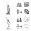 A megacity, a grand canyon, a golden gate bridge,donut with chocolate. The US country set collection icons in outline