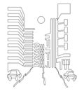 Megacity with skyscrapers. High-rise buildings on the sides of the road. Sunrise or sunset or moon. Continuous line drawing.