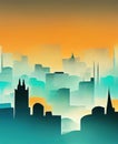 Megacity with skyscrapers landscape at sunset flat illustration. Digital illustration based on render by neural network