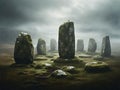 megalithic menhir circle made of stone, covered in moss and very thick fog illustration