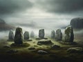 megalithic menhir circle made of stone, covered in moss and very thick fog illustration