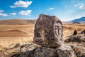 Megalithic standing stone of Zorats Karer or Carahunge - prehistoric monument in Armenia Royalty Free Stock Photo