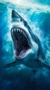 Megalodon, Giant Prehistoric Shark Swimming in Crystal-clear Water. Generative ai