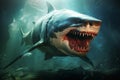 Megalodon shark, prehistoric sea creature, predator of pliocene, extinct species, generative AI