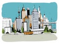 Megalopolis city, street illustration. Hand drawn colorful sketch landscape with buildings, cityscape, office in outline Royalty Free Stock Photo