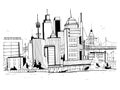 Megalopolis city, street illustration. Hand drawn sketch landscape with buildings, cityscape, office in outline style Royalty Free Stock Photo