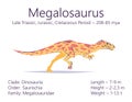 Megalosaurus. Theropoda dinosaur. Colorful vector illustration of prehistoric creature megalosaurus and description of Royalty Free Stock Photo