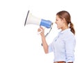 Megaphone, announcement and business woman shouting at company rally in studio isolated on white background. Protest