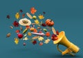 The megaphone announces the arrival of autumn. Autumn symbols coming out from the megaphone on turquoise blue background. Royalty Free Stock Photo