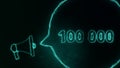 Megaphone banner with speech bubble and 100000 number. 100K likes, followers. Plexus style of green glowing dots and