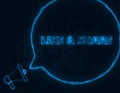 Megaphone banner with speech bubble and text like and share. Plexus style of blue glowing dots and lines. Abstract