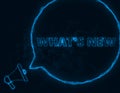 Megaphone banner with speech bubble and text what's new. Plexus style of blue glowing dots and lines. Abstract