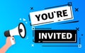 Megaphone blue banner with you are invited sign. Vector illustration.
