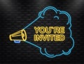 Megaphone blue banner with you are invited sign. Vector illustration