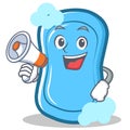 With megaphone blue soap character cartoon