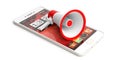 Megaphone, bullhorn on a smartphone. Bullhorn with red details on white background. 3d illustration